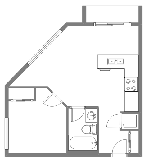 Floor plan for 1 bed, 1 bath, 614 sqft